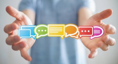 Renkli düz konuşma simgeler 3d rendering kullanarak iş adamı