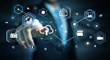 Dijital bulut arabirimi 3d rendering kullanarak iş adamı