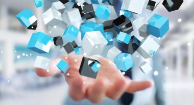 Mavi parlak küp ağ 3d renderin yüzen tutan işadamı