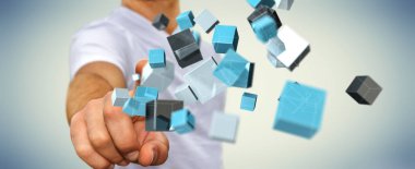 Kayan mavi parlak küp ağ 3d renderi dokunmadan işadamı