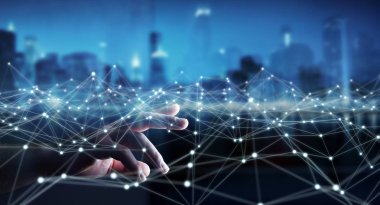 İşadamı 3d render tarafından dokundu ağ uçan nokta