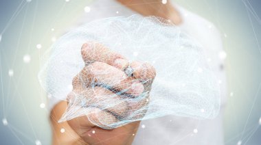 Onun el 3d ren dijital röntgen insan beyninde çizim işadamı