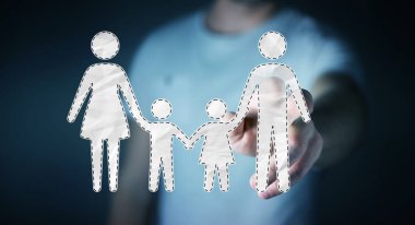 Onun parmak 3d renderi ile aile arabirimi dokunmadan işadamı