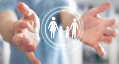 Aile arabirimi 3d render elinde tutan işadamı