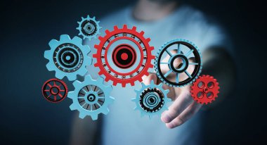 Onun el 3d renderin kayan dişli simgeleri dokunmadan işadamı