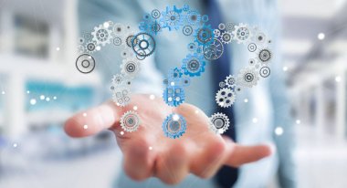 Soru işaretleri dişli 3d render tutan işadamı