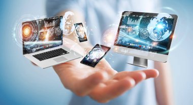 Teknoloji cihazları birbirine 3d render bağlamak işadamı