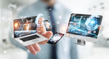 Teknoloji cihazları birbirine 3d render bağlamak işadamı