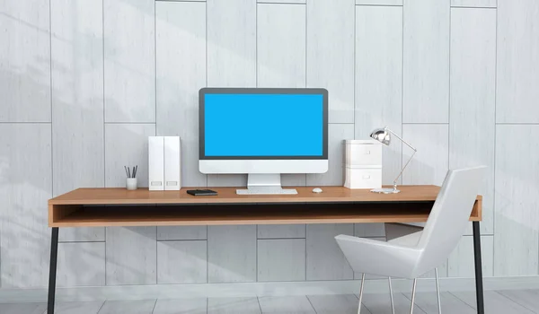 Bilgisayarı ve aygıtları 3d render ile modern işyeri iç — Stok fotoğraf