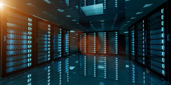 Sala de servidores oscuros almacenamiento de centro de datos renderizado 3D —  Fotos de Stock