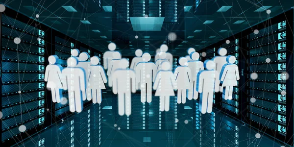 Groep mensen symbolen vliegen over server kamer data center 3D-ren — Stockfoto