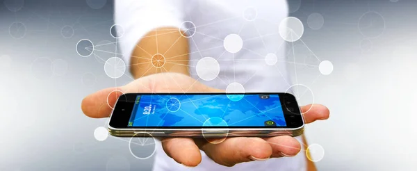Бизнесмен, использующий цифровую сеть передачи данных с мобильным телефоном 3D rend — стоковое фото