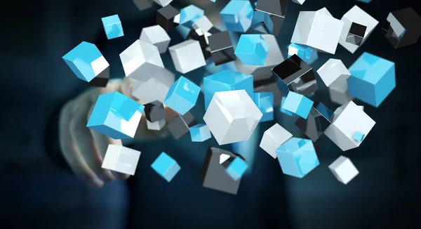 Podnikatel, dojemné plovoucí modré lesklé kostky síť 3d renderi — Stock fotografie