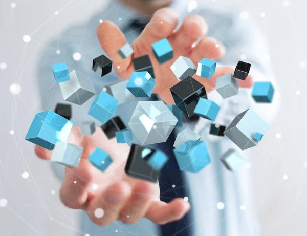 Üzletember, gazdaság, úszó, kék fényes kocka hálózati 3d renderin — Stock Fotó