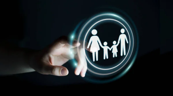 Zakenman holding familie interface in zijn hand 3D-rendering — Stockfoto