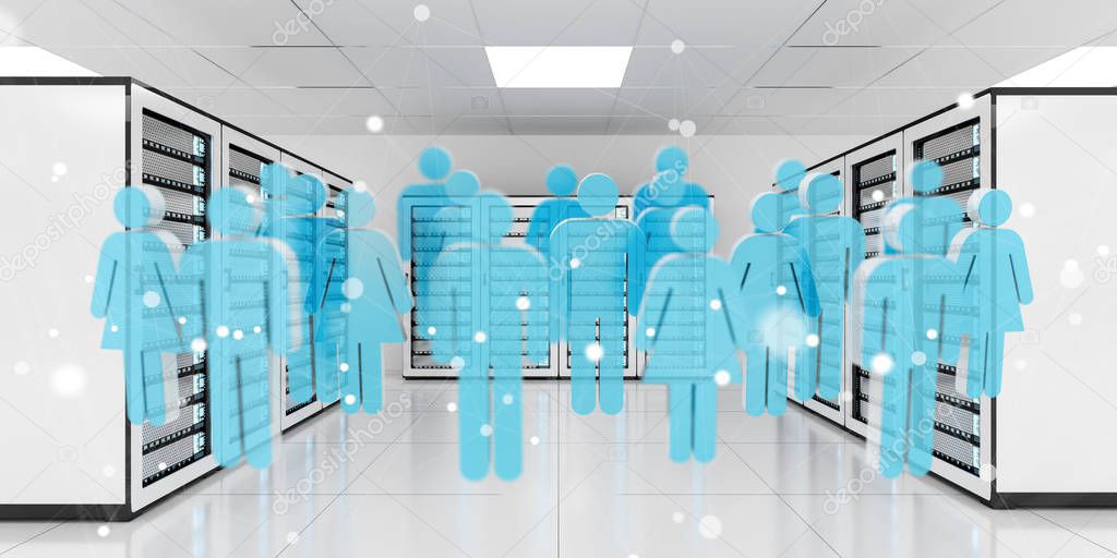 Group of people icons flying over server room data center 3D ren
