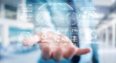 Dijital ekranlar hologramlar veriler 3d render ile kullanarak iş adamı