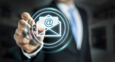 E-posta simgesi bir rakam ile uçan 3d render dokunmadan işadamı