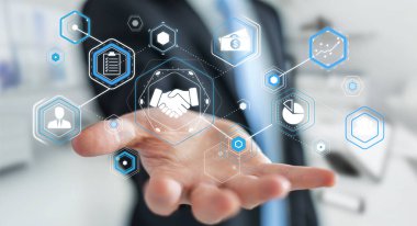 Ortaklık iş için dijital sunum kullanarak iş adamı 