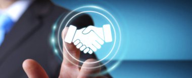 Ortaklık iş için dijital sunum kullanarak iş adamı 