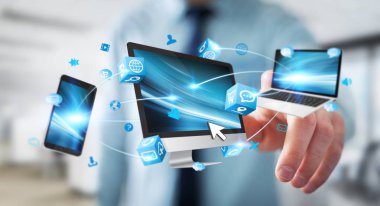 İşadamı teknik cihazlar ve simgeler uygulamaları 3d re bağlanılıyor