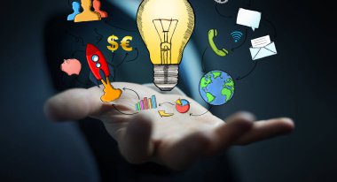 Elle çizilmiş ampul ve Multimedya simgeler tutan işadamı