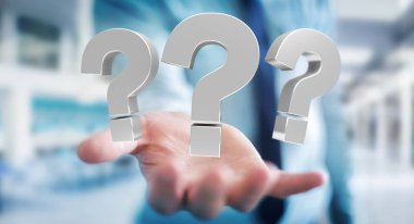 3D render soru işaretleri kullanarak iş adamı