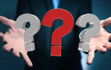 3D render soru işaretleri kullanarak iş adamı