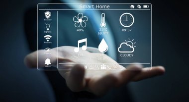 Akıllı ev dijital arabirimi 3d işlemesini kullanan iş adamı