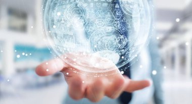 Hologram küre 3d render tutan işadamı