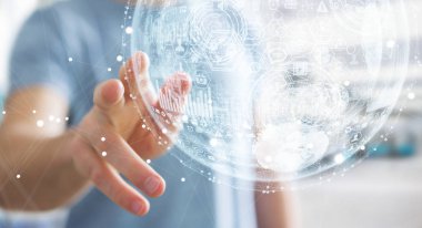 Hologram küre 3d render dokunmadan işadamı