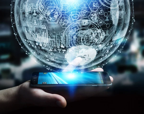 Empresario sosteniendo holograma esfera 3D renderizado —  Fotos de Stock