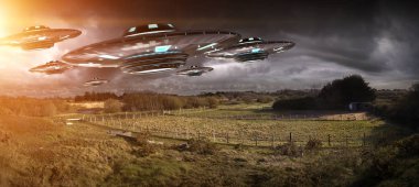 UFO işgal gezegen Dünya'ya landascape 3d render