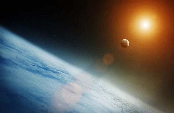 Vista da lua perto do planeta Terra renderização 3D — Fotografia de Stock