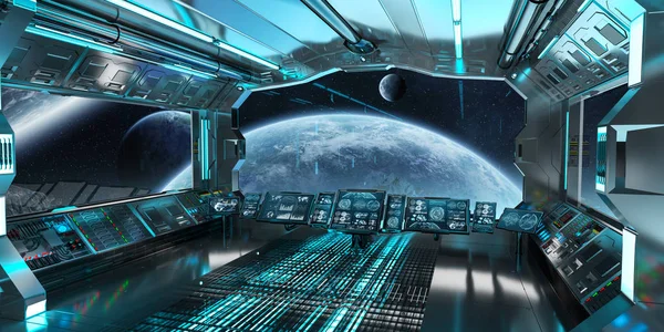 Interior da nave espacial com vista para planetas distantes sistema 3D render — Fotografia de Stock