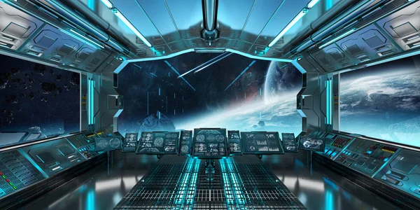 Interior da nave espacial com vista para planetas distantes sistema 3D render — Fotografia de Stock