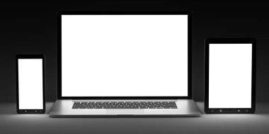 Karanlık modern bilgisayar dizüstü cep telefonu ve tablet 3d render