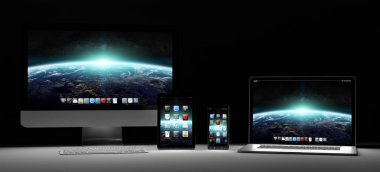 Karanlık modern bilgisayar dizüstü cep telefonu ve tablet 3d render