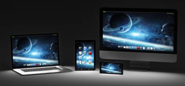 Karanlık modern bilgisayar dizüstü cep telefonu ve tablet 3d render