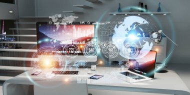 Çalışma alanı modern cihazlar ve hologram ekranlar 3d render ile