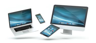 Modern bilgisayar dizüstü bilgisayar cep telefonu ve 3d rende yüzen tablet
