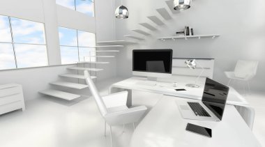Bilgisayarı ve aygıtları 3d render ile modern beyaz ofis iç