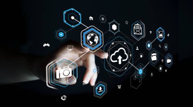 Dijital bulut arabirimi 3d rendering kullanarak iş kadını