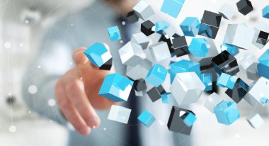 Kayan mavi parlak küp ağ 3d renderi dokunmadan işadamı