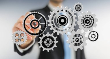 Kayan dişli simgeleri ile bir kalem 3d render dokunmadan işadamı