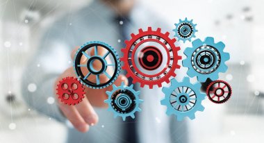 Onun el 3d renderin kayan dişli simgeleri dokunmadan işadamı