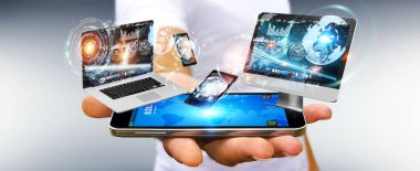 Onun cep telefonu 3d ren ile teknoloji cihazları bağlamak işadamı