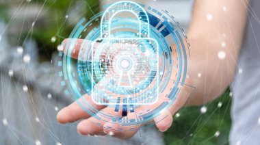 Onun verileri 3d renderi güvenliğini sağlamak için dijital asma kilit kullanarak iş adamı