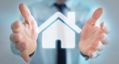 3D render simgesi evi elinde tutan işadamı