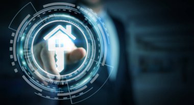 3D işleme simgesini ev parmağıyla dokunmadan işadamı